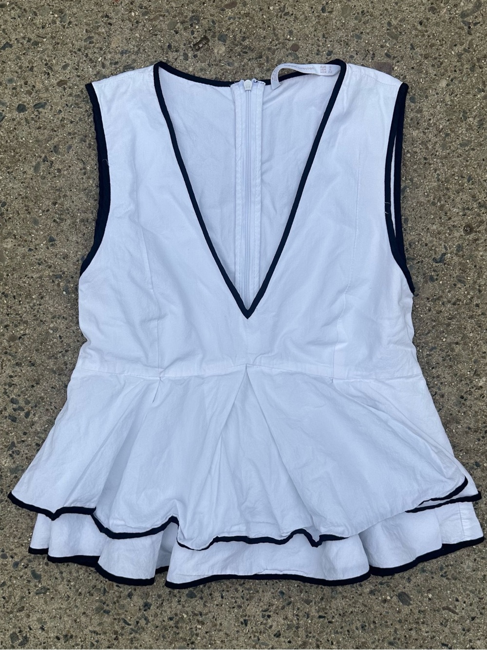 Zara Ruffle White and Black Sleeveless Deep V Peplum Tie Top